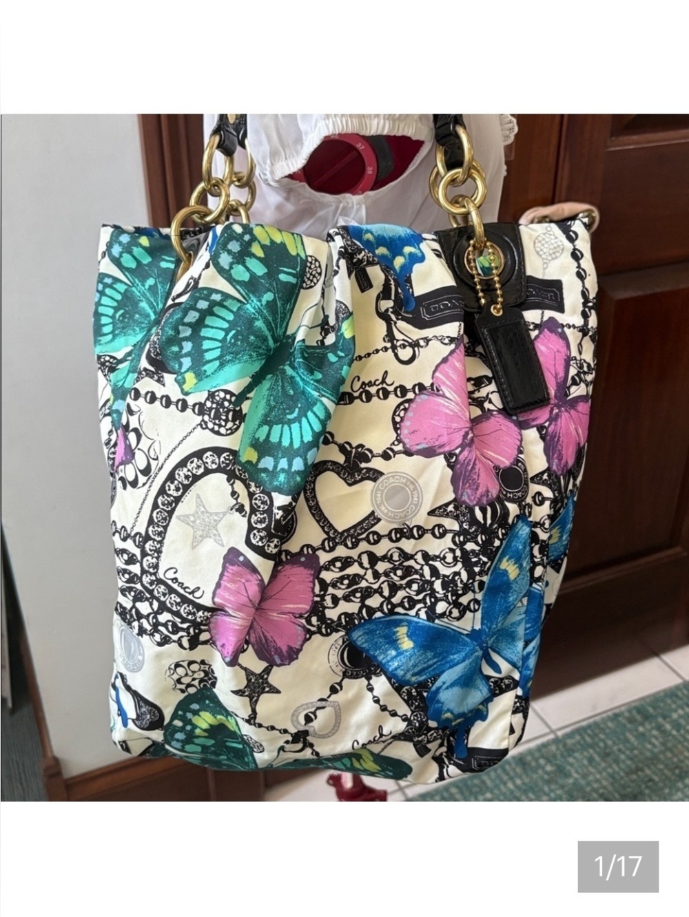 Coach Carly Y2Klimited edition Tote butterfly print  cream/pink blue green 13415